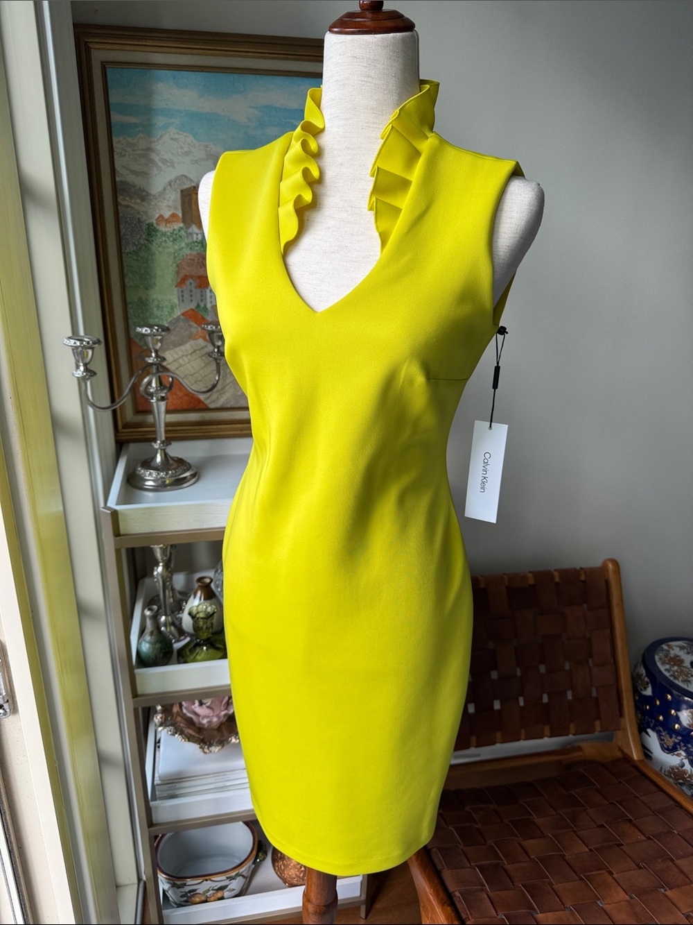 Calvin Klein Neon Yellow Ruffle V-Neck Midi Dress